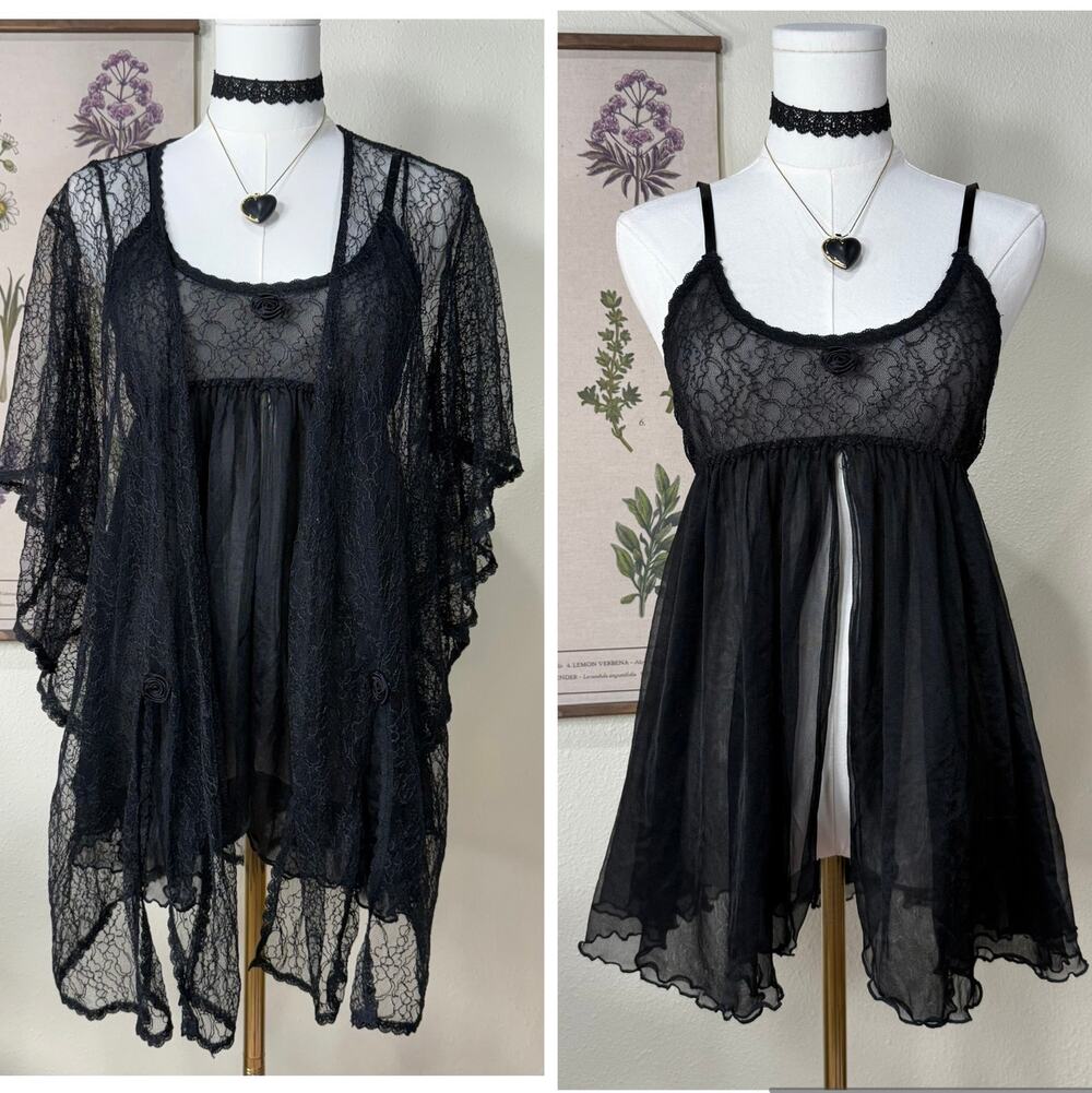 90s Y2k Black Nylon Babydoll Slip Dress Robe Sexy Witchy Romantic Goth Vampire M